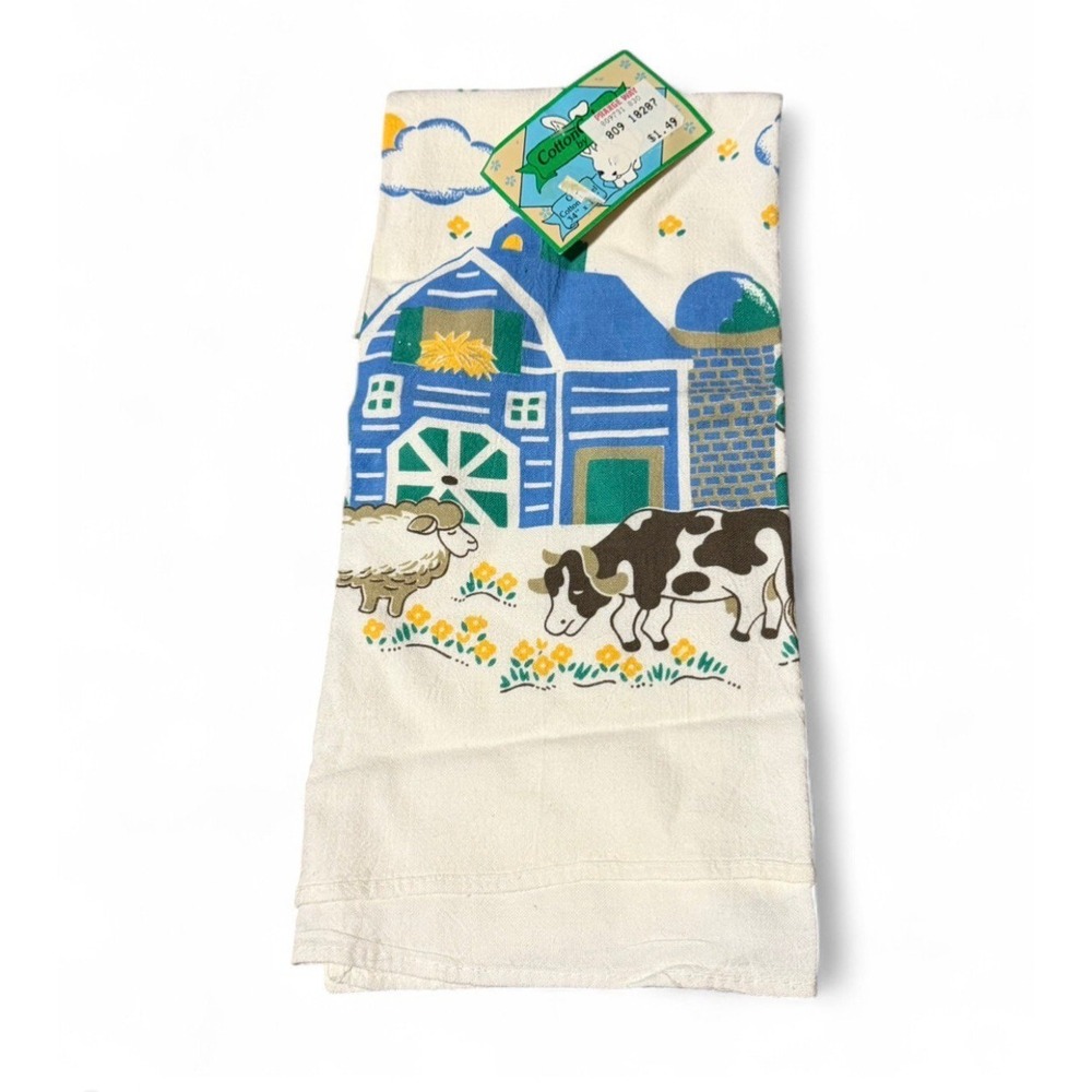 Vintage Cotton Farm Kitchen Towel Barn Cow Sheep Country Farmhouse Tea Towel NOS